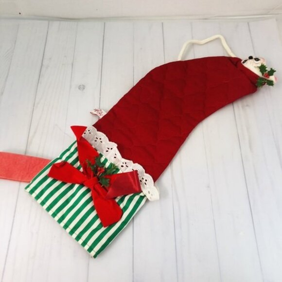 19" Christmas Stocking Annalee Mobilitee Mouse Red Quilted Green White - Picture 5 of 16